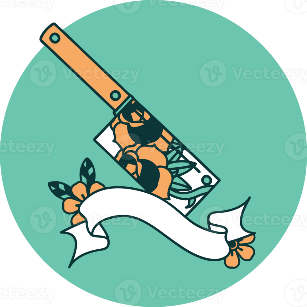 tattoo style icon with banner of a cleaver and flowers png