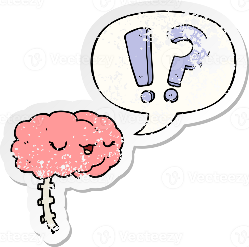 cartoon curious brain with speech bubble distressed distressed old sticker png