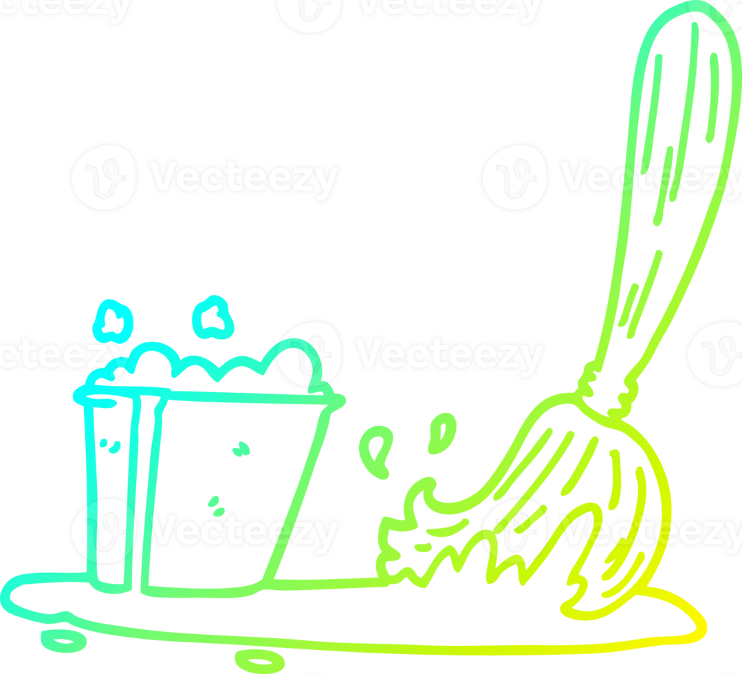 cold gradient line drawing of a cartoon bucket and mop png