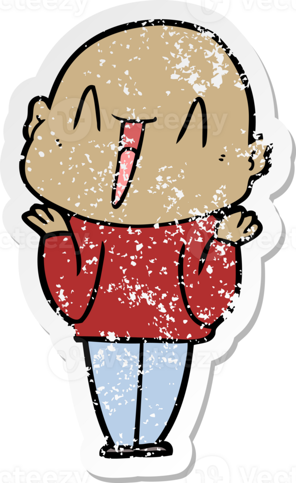 distressed sticker of a happy cartoon bald man png
