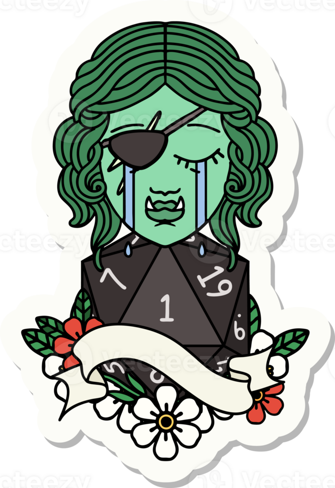 sticker of a crying orc rogue character face with natural one d20 dice roll png