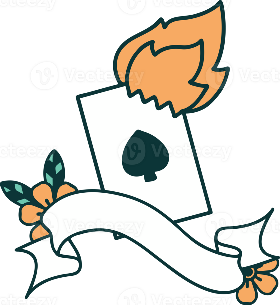 traditional tattoo with banner of a flaming card png