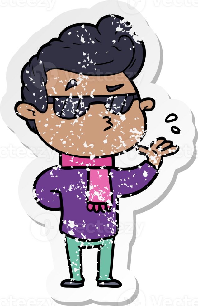 distressed sticker of a cartoon cool guy png