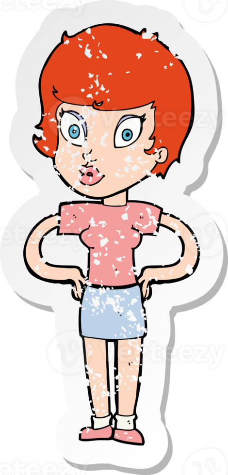 retro distressed sticker of a cartoon woman with hands on hips png