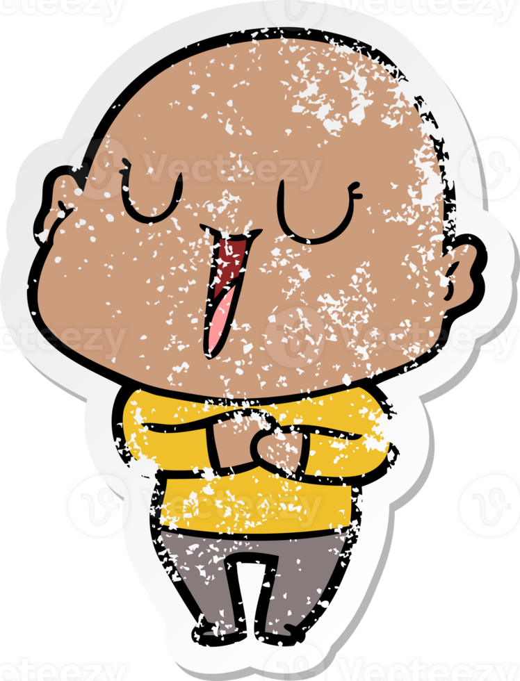 distressed sticker of a happy cartoon bald man png