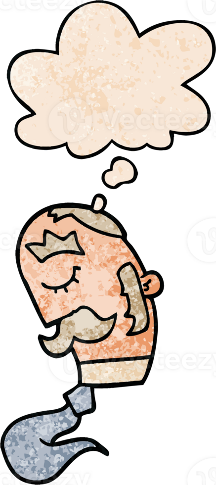 cartoon man with mustache with thought bubble in grunge texture style png