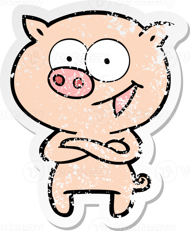 distressed sticker of a cheerful pig cartoon png