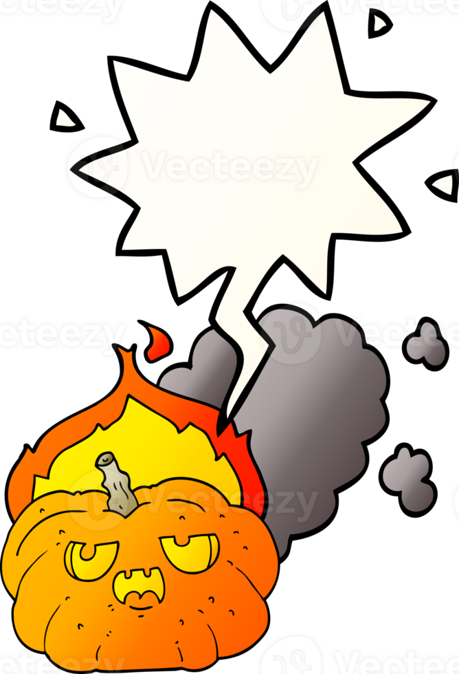 cartoon flaming halloween pumpkin with speech bubble in smooth gradient style png