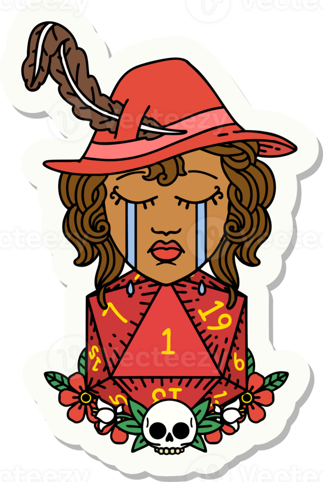 sticker of a crying human bard with natural one D20 dice roll png