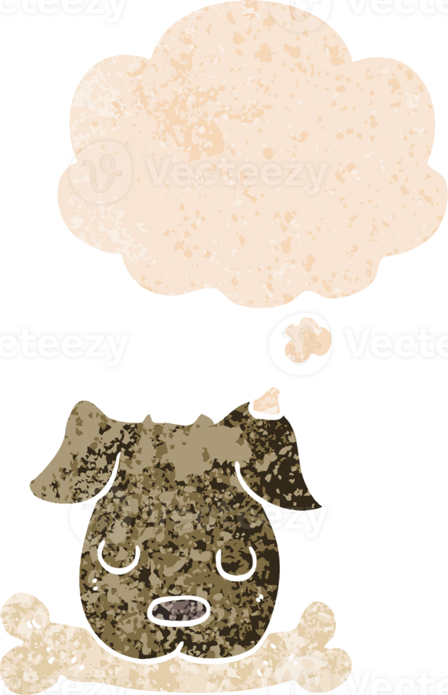 cartoon dog with bone with thought bubble in grunge distressed retro textured style png