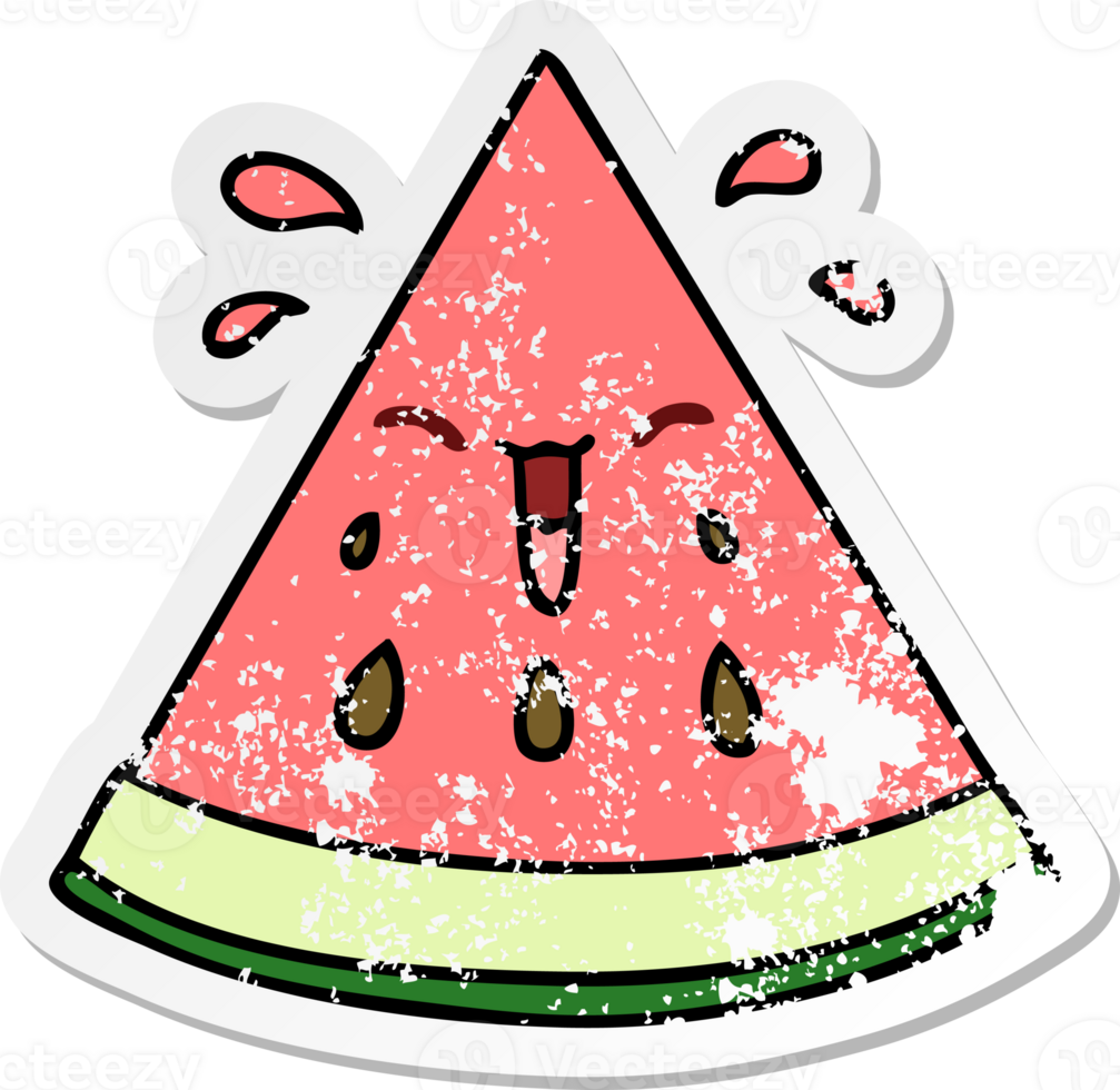 distressed sticker of a quirky hand drawn cartoon watermelon png