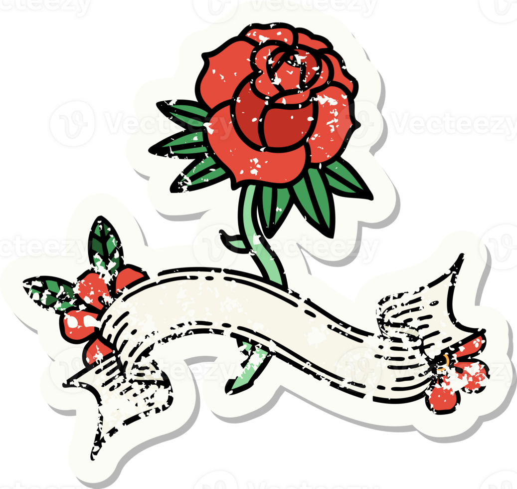 worn old sticker with banner of a rose png
