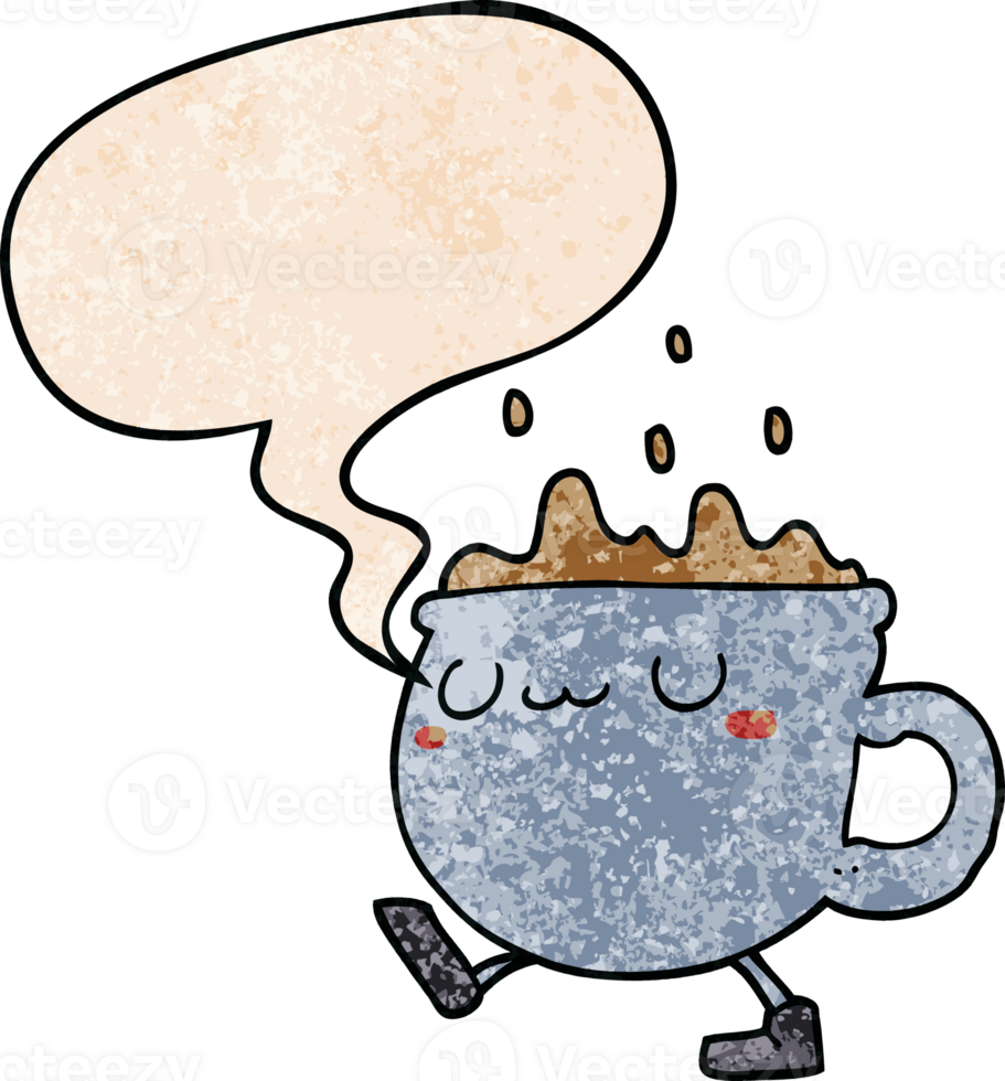 cartoon coffee cup walking with speech bubble in retro texture style png