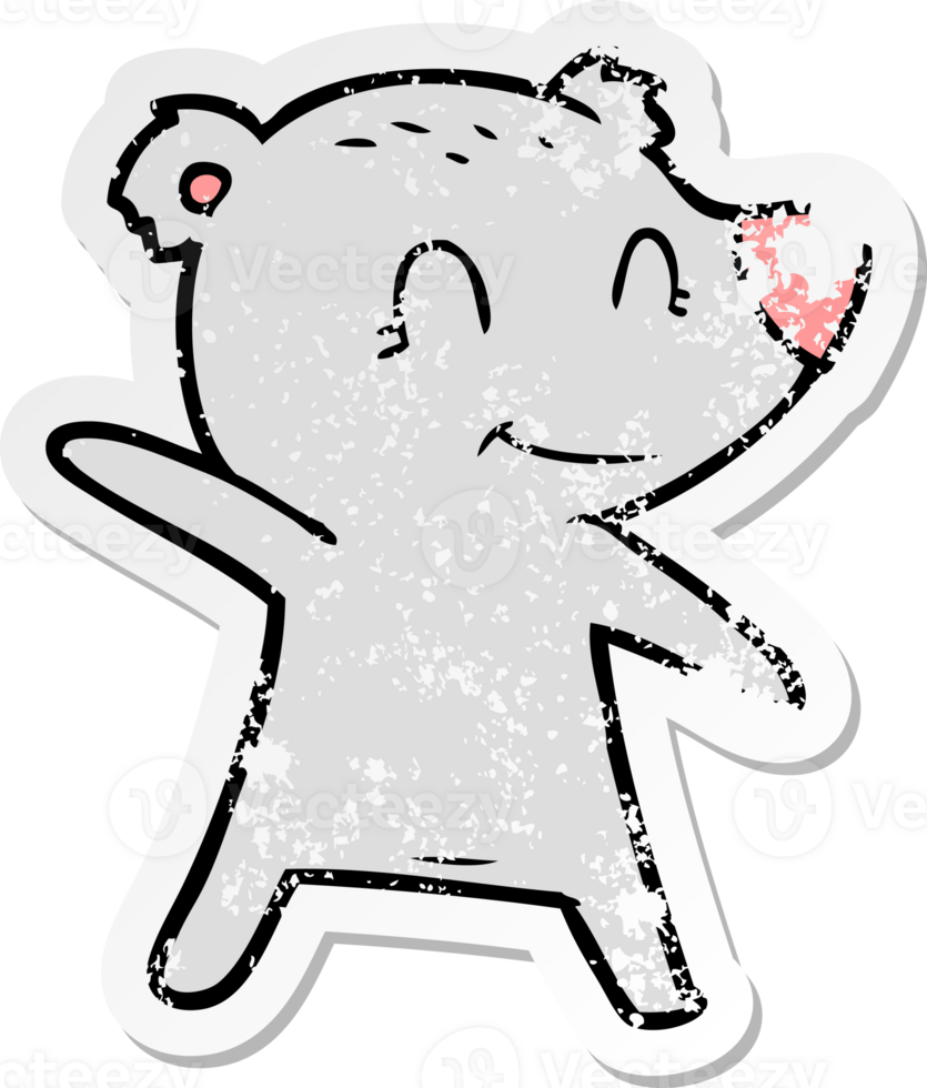 distressed sticker of a smiling bear pointing png