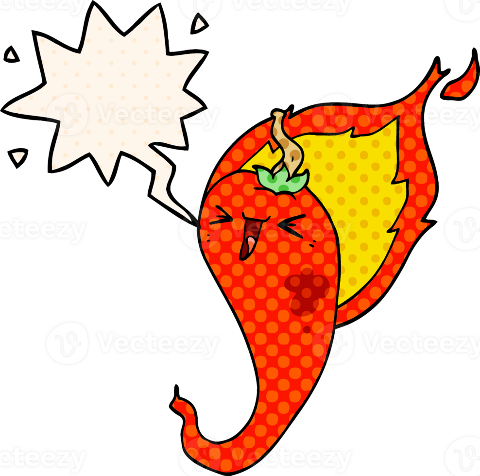 cartoon flaming hot chili pepper with speech bubble in comic book style png
