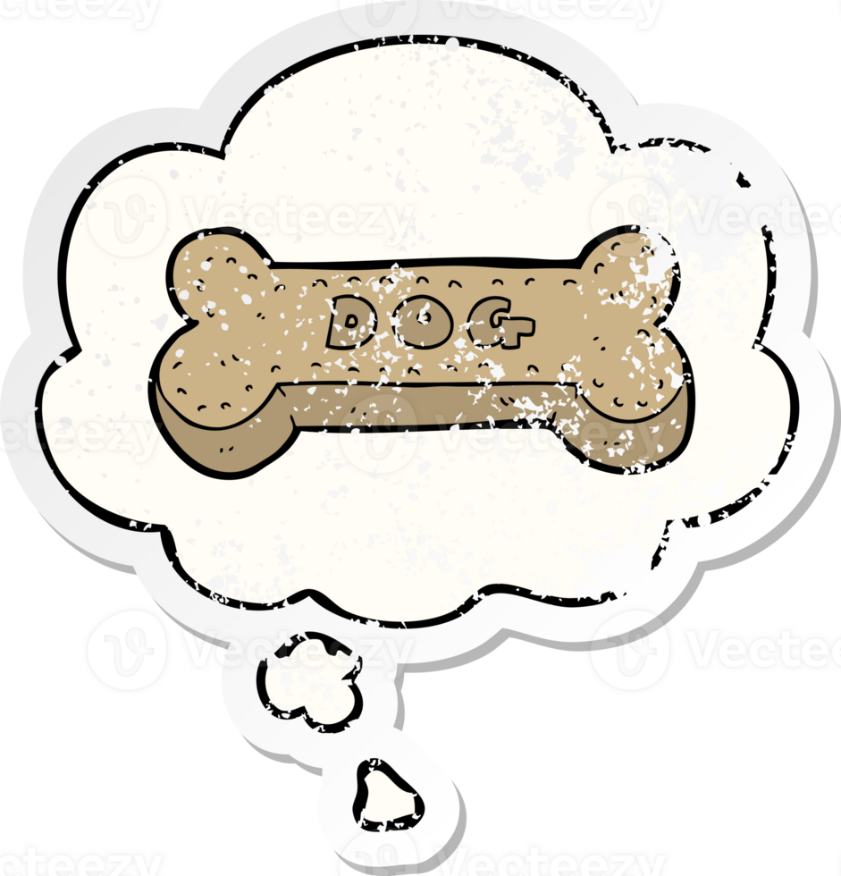 cartoon dog biscuit with thought bubble as a distressed worn sticker png