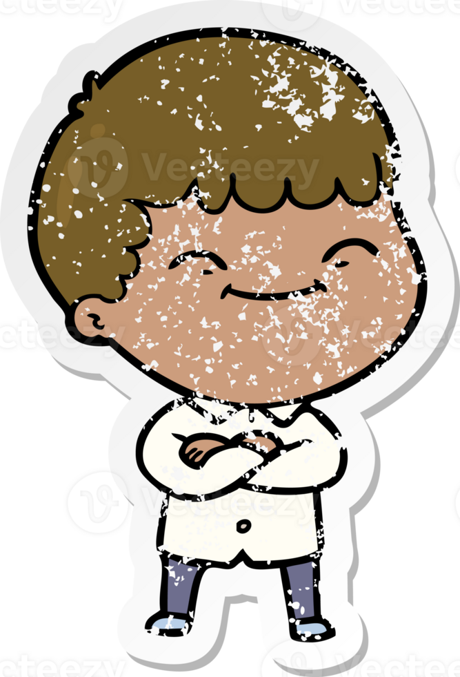 distressed sticker of a cartoon happy boy png