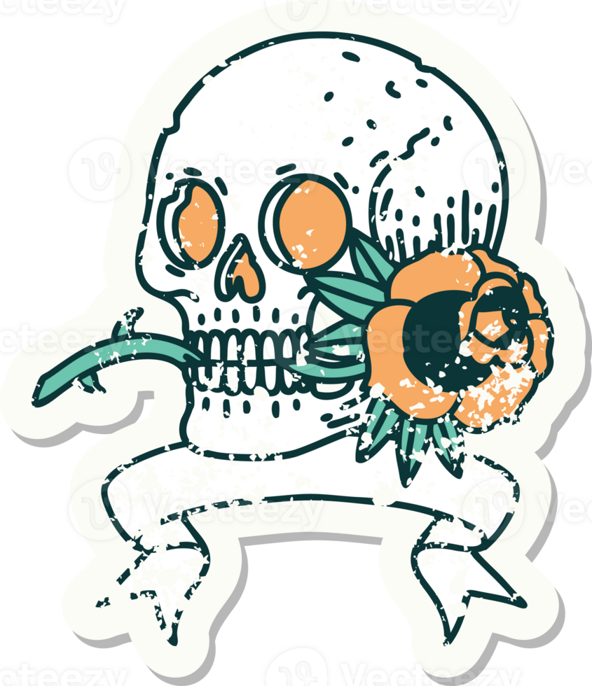 worn old sticker with banner of a skull and rose png