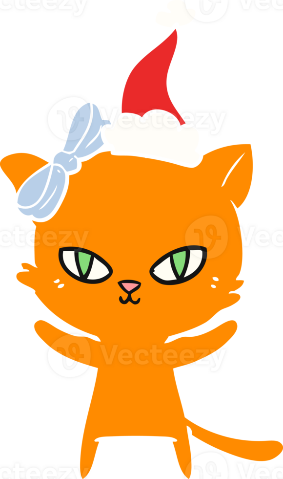 cute hand drawn flat color illustration of a cat wearing santa hat png
