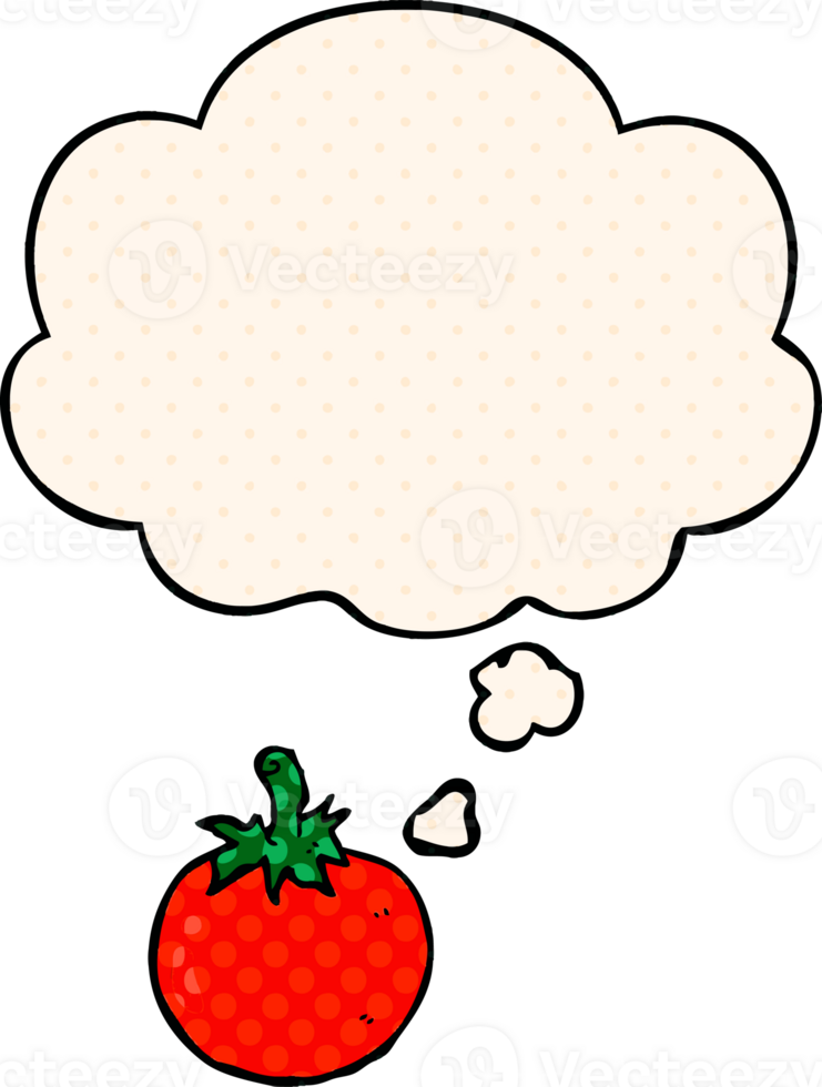cartoon tomato with thought bubble in comic book style png