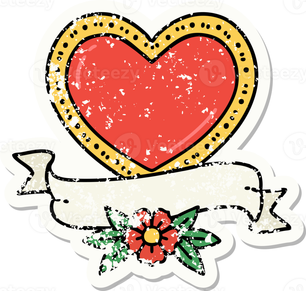 distressed sticker tattoo in traditional style of a heart and banner png