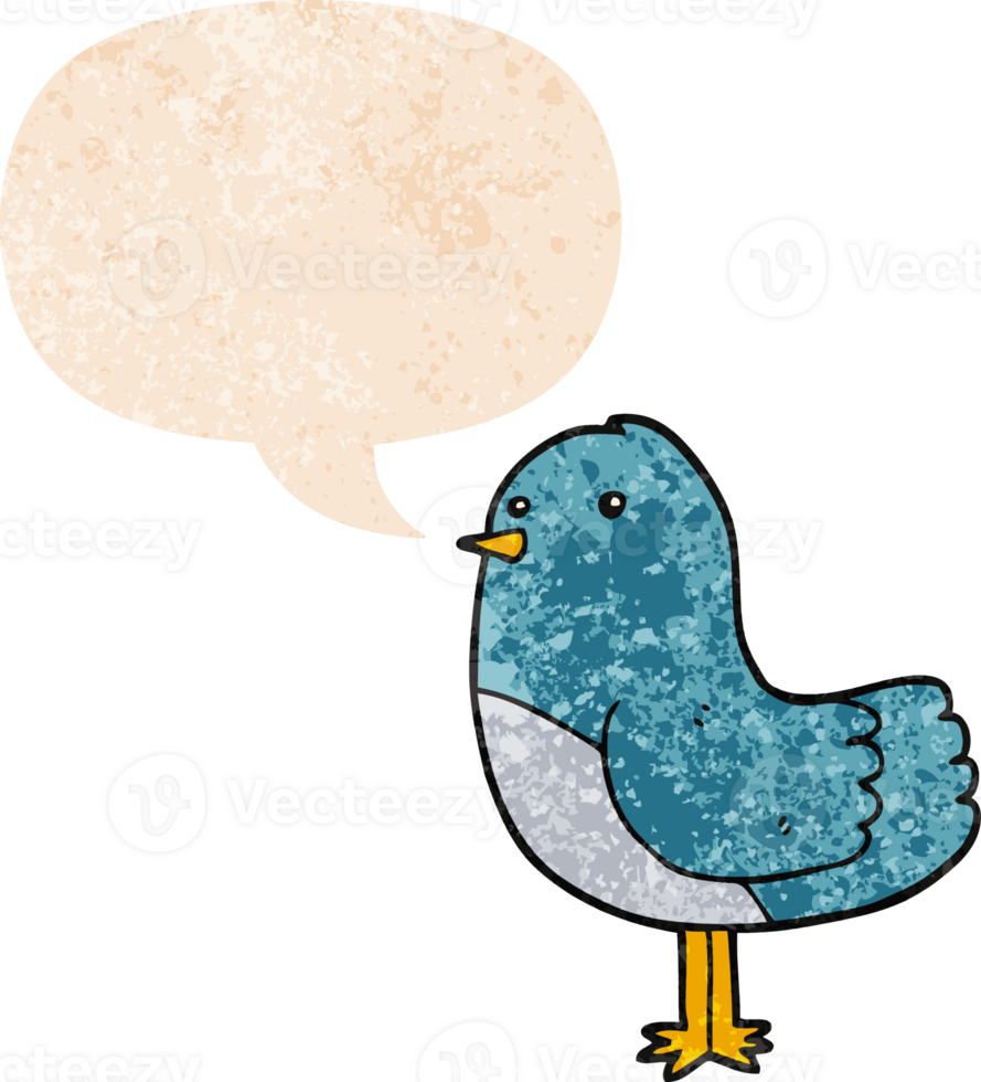 cartoon bird with speech bubble in grunge distressed retro textured style png