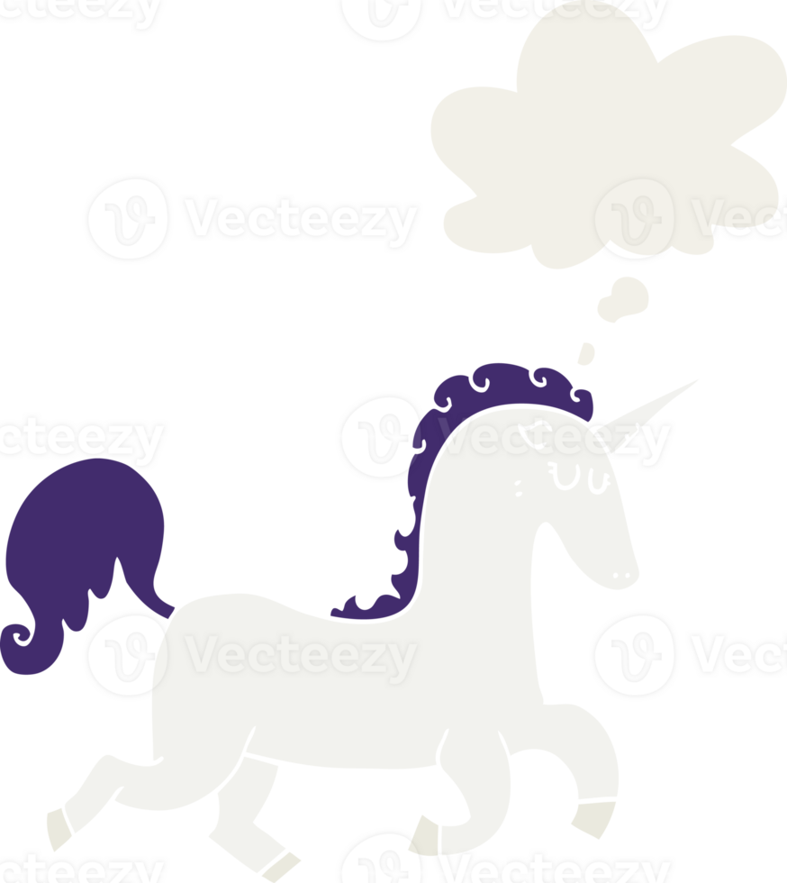 cartoon unicorn with thought bubble in retro style png