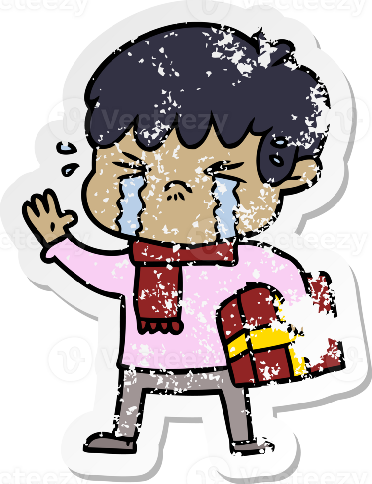 distressed sticker of a crying boy cartoon png