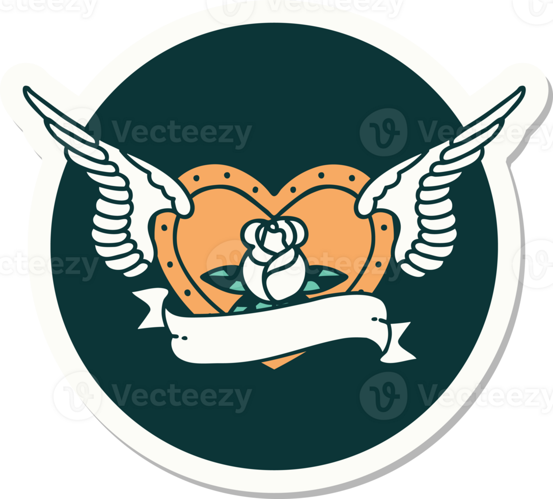 sticker of tattoo in traditional style of a flying heart with flowers and banner png