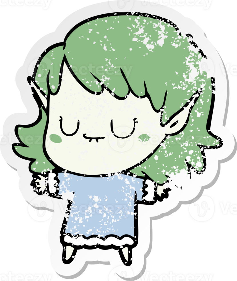 distressed sticker of a happy cartoon elf girl png