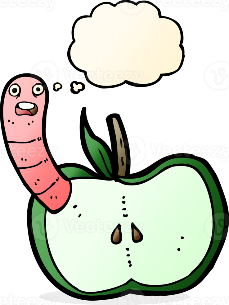 cartoon apple with worm with thought bubble png