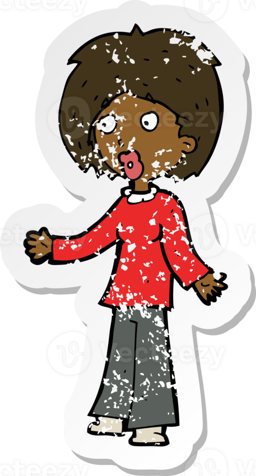 retro distressed sticker of a cartoon surprised woman png