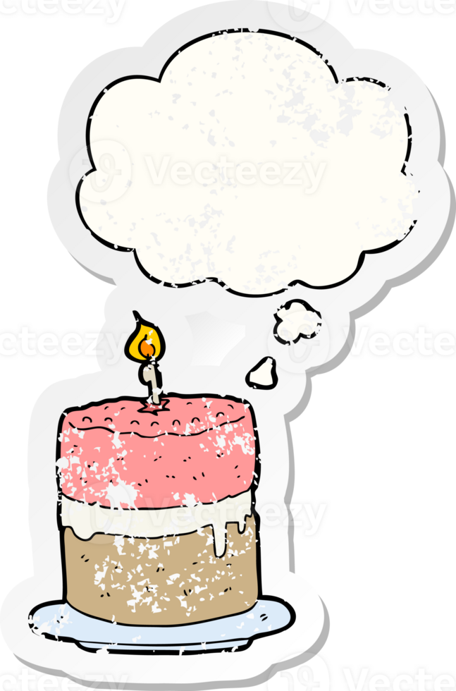 cartoon cake with thought bubble as a distressed worn sticker png