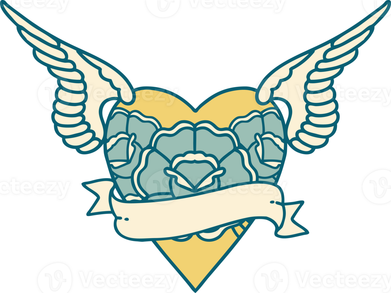 iconic tattoo style image of heart with wings flowers and banner png