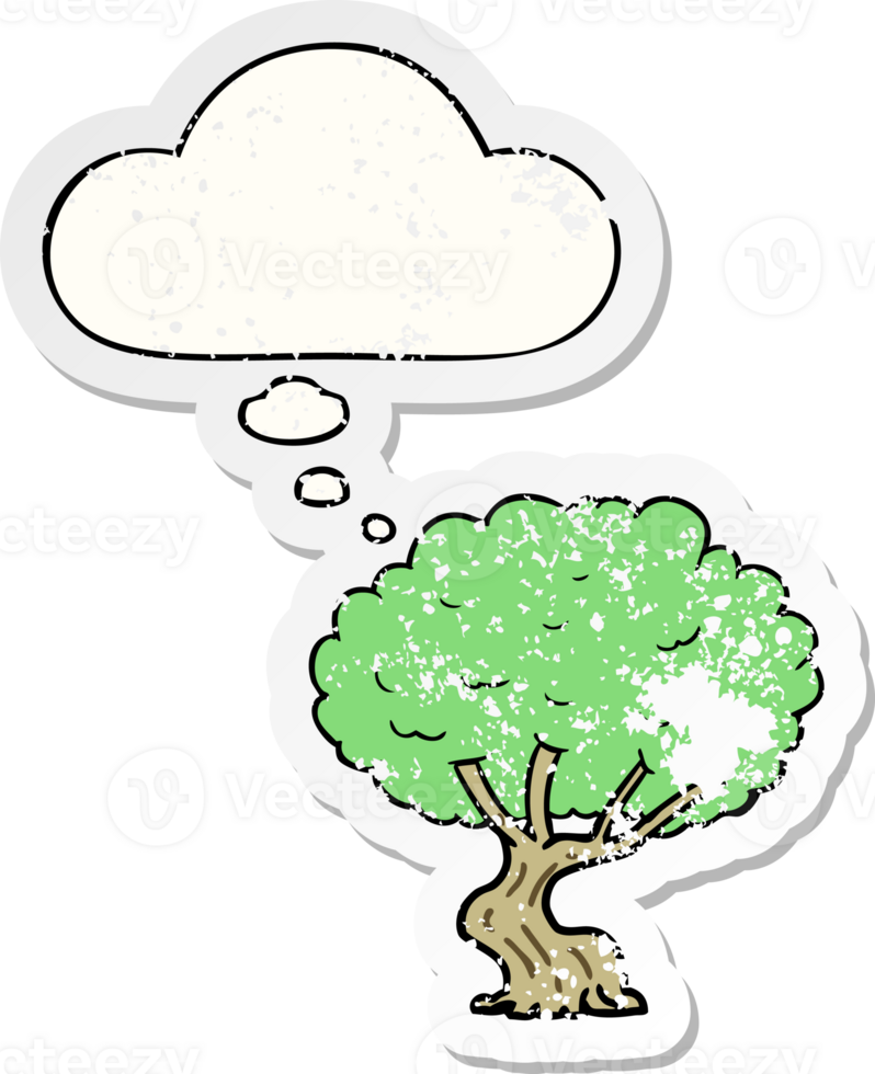cartoon tree with thought bubble as a distressed worn sticker png