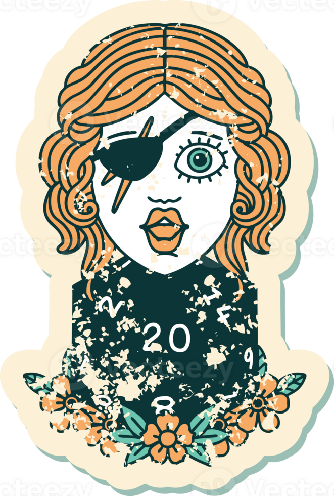 grunge sticker of a human rogue with natural twenty dice roll png