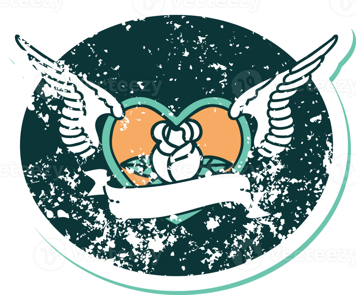 iconic distressed sticker tattoo style image of a flying heart with flowers and banner png