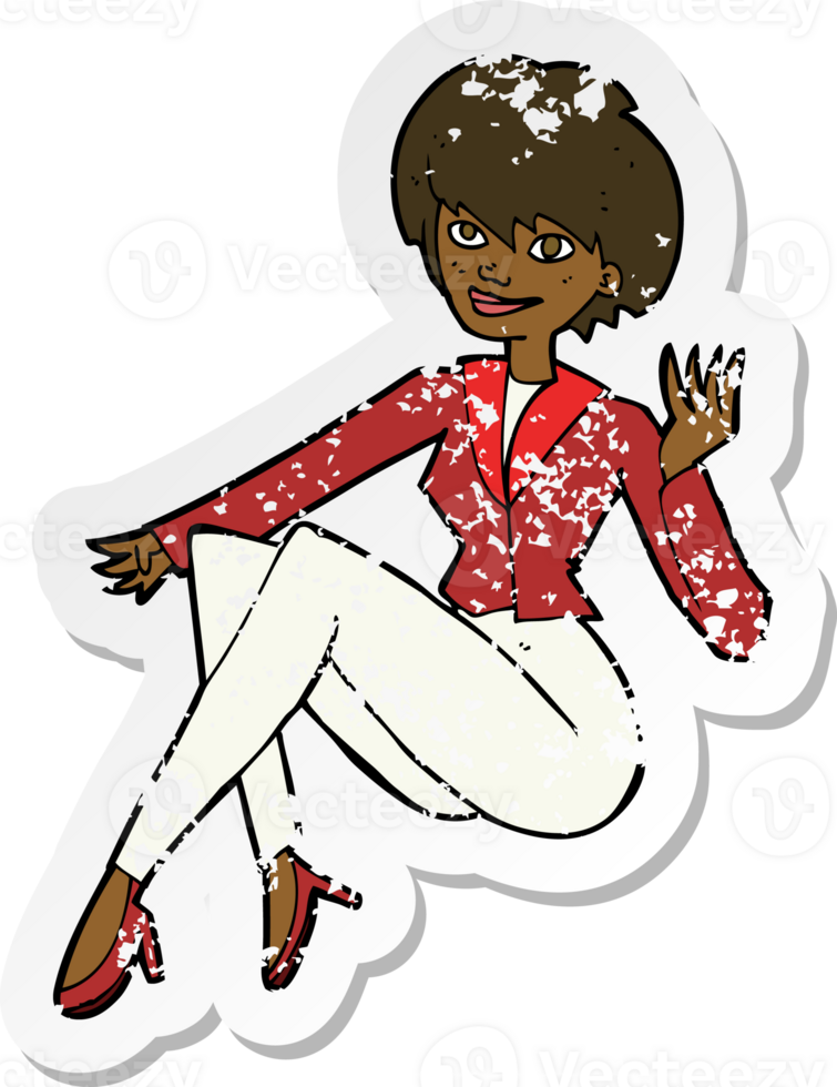 retro distressed sticker of a cartoon businesswoman sitting png