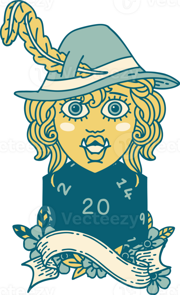 Retro Tattoo Style singing half orc bard with natural twenty dice roll png