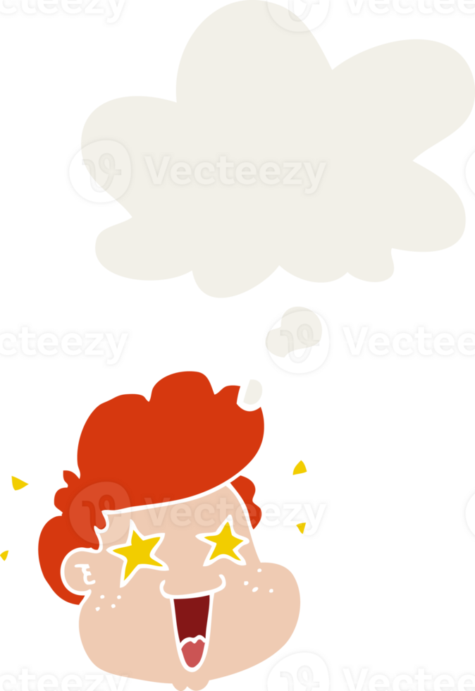 cartoon boy's face with thought bubble in retro style png