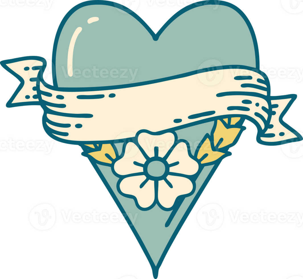 iconic tattoo style image of a heart flower and banner png