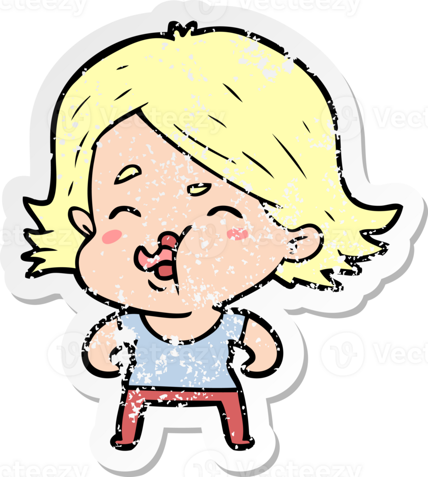 distressed sticker of a cartoon girl pulling face png