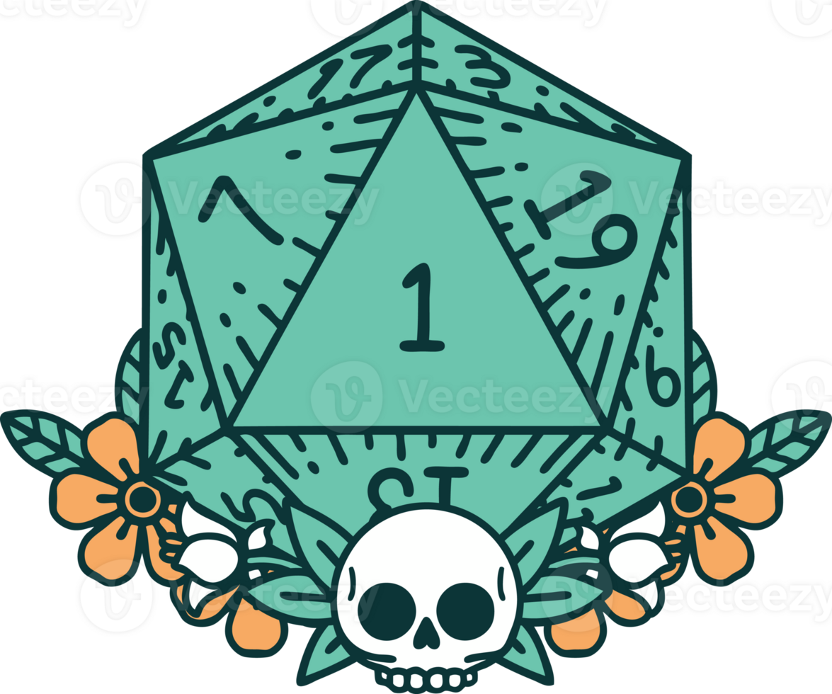 Retro Tattoo Style natural one dice roll with floral elements png