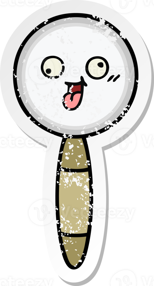 distressed sticker of a cute cartoon magnifying glass png