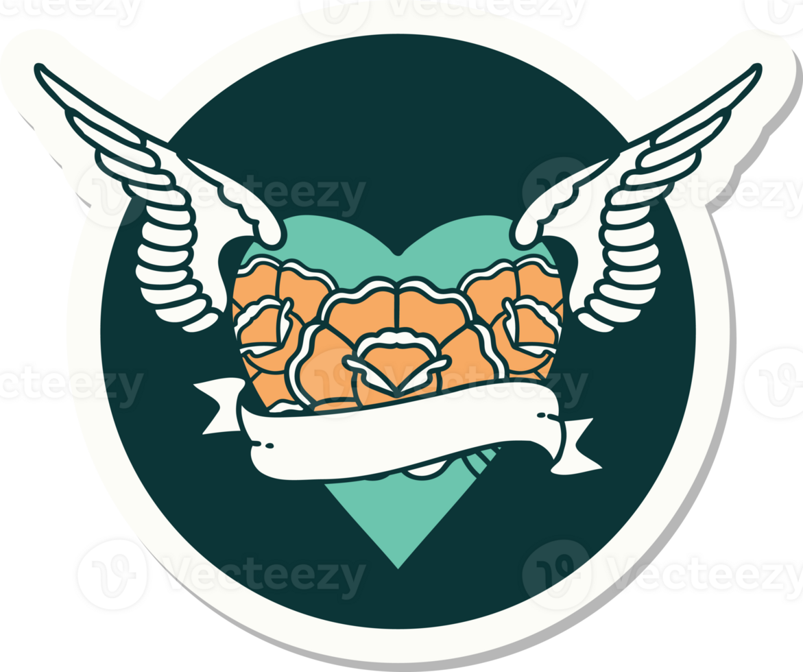 sticker of tattoo in traditional style of heart with wings flowers and banner png