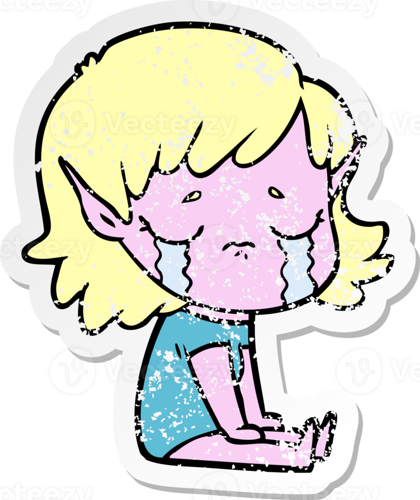 distressed sticker of a cartoon crying elf girl png
