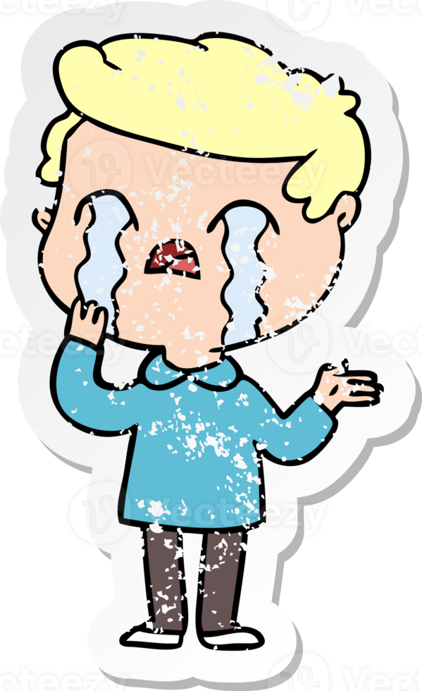 distressed sticker of a cartoon man crying png
