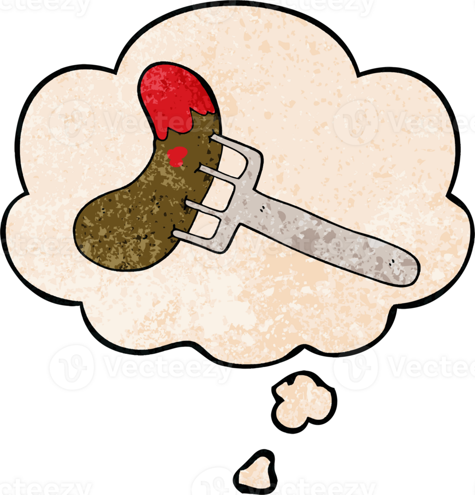cartoon sausage on fork and thought bubble in grunge texture pattern style png