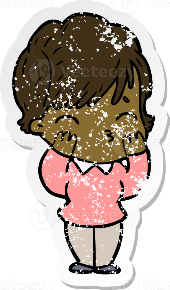 distressed sticker of a cartoon woman thinking png