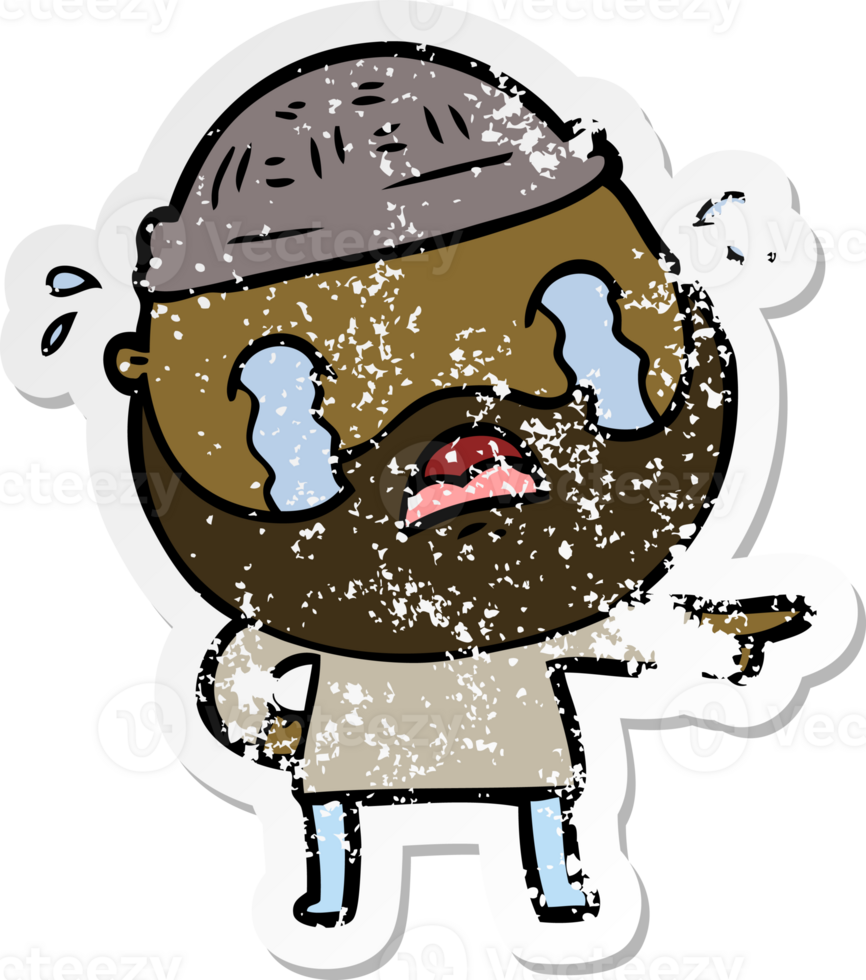 distressed sticker of a cartoon bearded man crying png